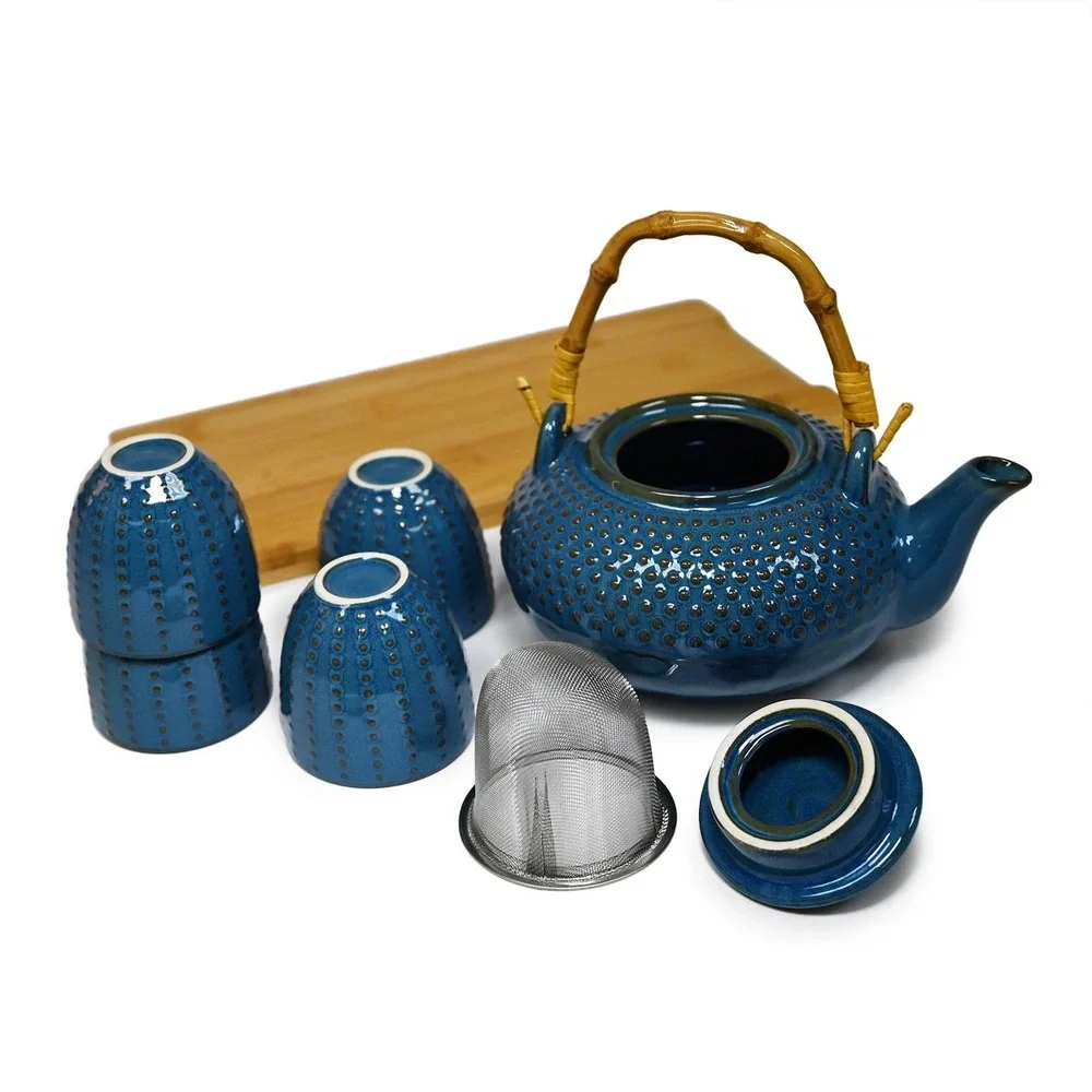 6pc Hobnail Ceramic Tea Set + Infuser – Navy (26oz)